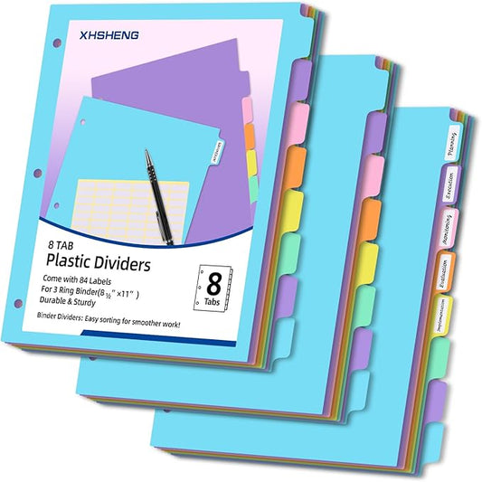 3 Ring Binder Dividers with TAB,24PCS/3 Set Plastic File Dividers,8 Tab 3 Hole Punch Dividers,Pastel Color,Letter Size,3 Sets