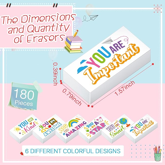 180 Pcs Inspirational Erasers for Kids Christian Pencil Erasers Bulk, Back-to-School Gifts Motivational and Cute Supplies for Students Classrooms, Drawing(White,Inspirational)