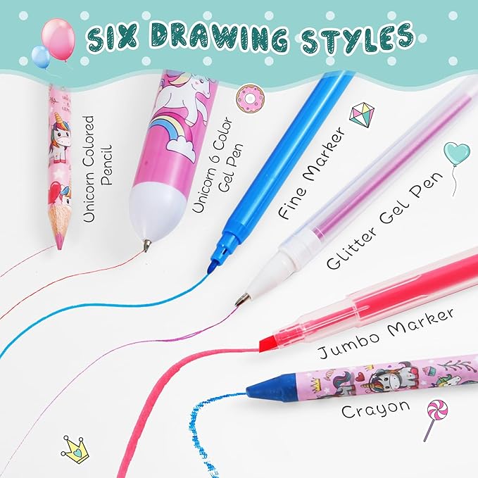 Unicorn Washable Markers Set with Glitter Pencil Case, Art Supplies for Kids Ages 4 5 6 7 8 9 10 Years Old, Arts Crafts Coloring Set with Crayon Pencil Gel Pen Stickers, Birthday Gifts for Girls 4-6-8