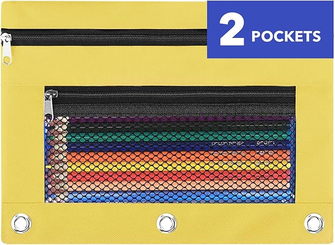 Pencil Pouch for 3 Ring Binder - 3 Hole Zipper Pen Case Bag Holder Bulk Accessories Clear Window Aesthetic Organizer Pockets (Yellow, 1)