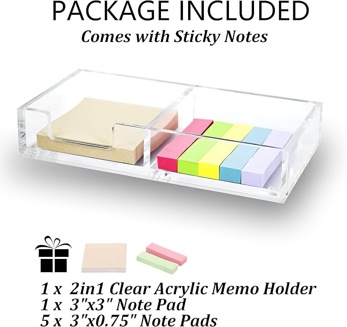 Sticky Notes Holder 2in1 Memo Pad Dispenser,7.8" x 3.9" x 1.4" Clear Desk Supplies Organizer Accessories for Office Home School Post Bank (DP013)