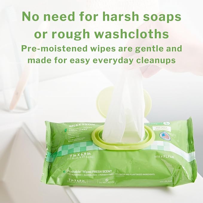 McKesson Flushable* Adult Wet Wipes – 576 Wipes (12 Pack of 48) – Aloe & Vitamin E, Plant-Based Cleansing Wipes, Scented