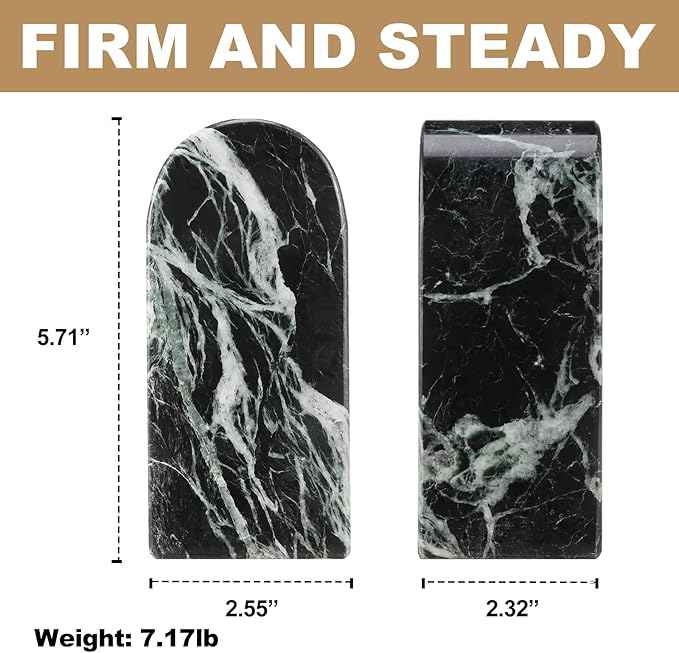 Koville Italian Natural Marble Bookends for Shelves, Decorative Book Ends, 7lbs Heavy-Duty Marble Book Holders, Bookshelf Apartment Decor for Normal Books/CD/Video Games(Verde Remeggiato)