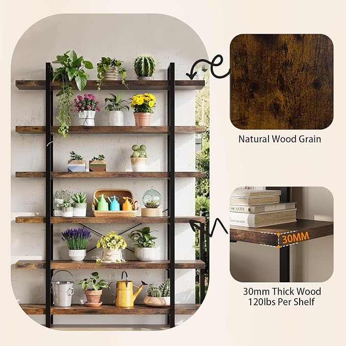 6 Tier Bookcase, 47 Inch Wide Wood Bookshelf, 120lbs Shelf Capacity, Rustic Open Shelving Industrial Display with Reinforced Horizontal Brown Shelves for Living Room Bedroom Office 2 Set