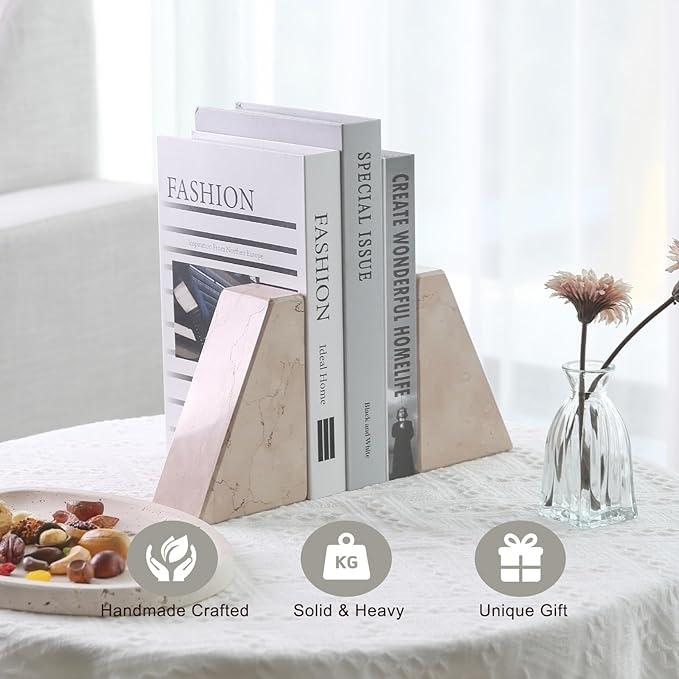 Koville Natural Stone Bookends for Shelves, Granite Book Ends for Heavy Books, Non-Slip Heavy Duty Book Stopper for CD/Movies, Decorative Bookend for Bookshelf Table Home Decor(Pink)