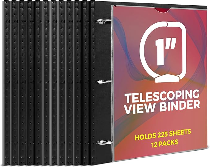 1 Inch Telescoping 3 Ring Binder-12PCS, Flexible Binder with Customized Front Cover, Holds 225 Sheets, School Office Supplies, Black