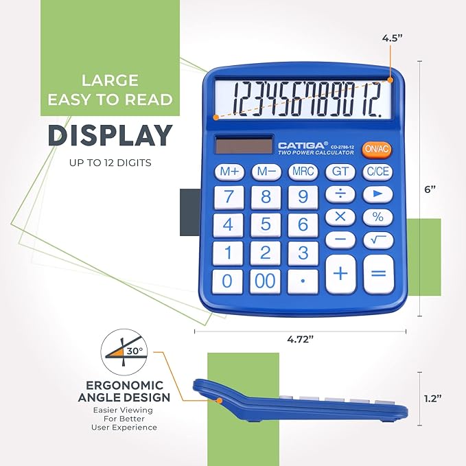 CATIGA Desktop Calculator 12 Digit with Large LCD Display and Sensitive Button, Solar and Battery Dual Power, Standard Function for Office, Home, School, CD-2786