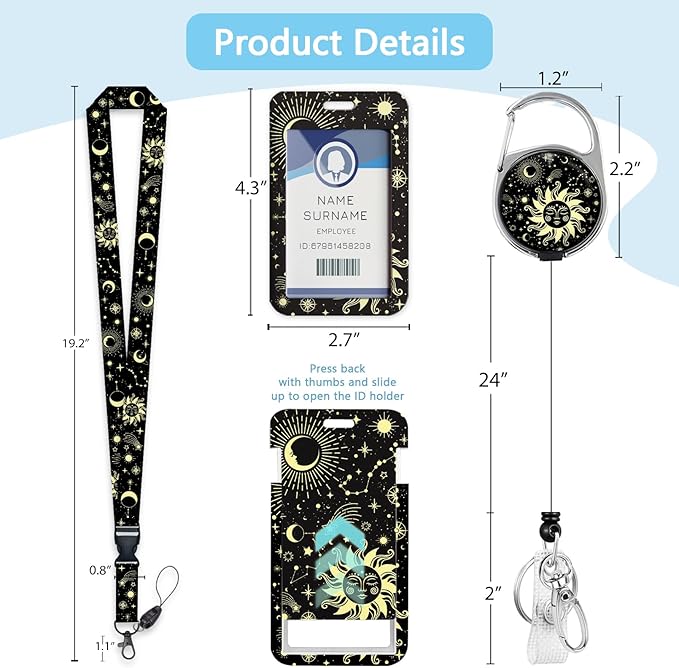 Sun Moon Teacher ID Badge Holder with Lanyard, Fashionable Lanyards for ID Badges Women, Cute Badge Reel Retractable, ID Card Holder Keychain Name Badge Clip, Nurse Teacher Gifts