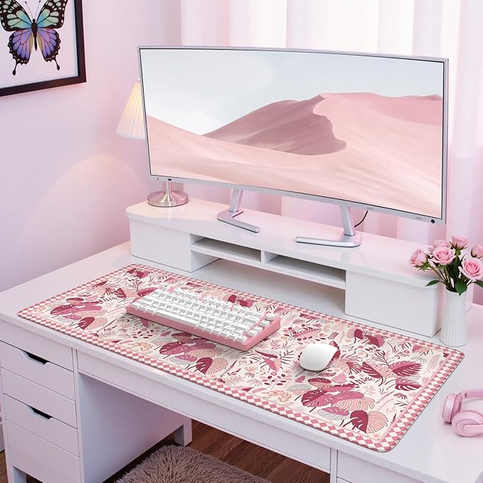 iCasso Pink Desk Mat,Extra Large Mouse Pad for Laptop,Long Computer Pad with Stitched Edges,Non Slip Keyboard Mat for Desktop,Cute Desk Cover Mat for Office Home School