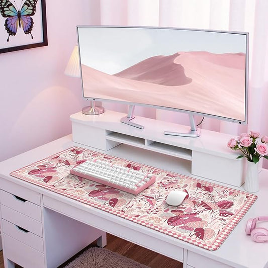 iCasso Pink Desk Mat,Extra Large Mouse Pad for Laptop,Long Computer Pad with Stitched Edges,Non Slip Keyboard Mat for Desktop,Cute Desk Cover Mat for Office Home School