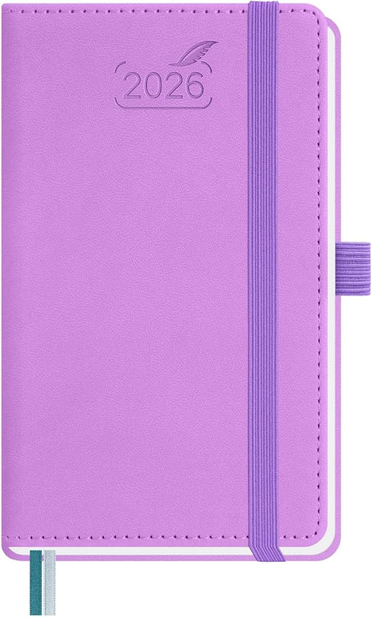 BEZEND Pocket Calendar 2026 Weekly and Monthly (3.5" x 6") Small Daily Planner for Purse (Jan-Dec) with Notes & Expenses, Inner Pocket, Pen Holder, Vegan Leather Hardcover - Lavender