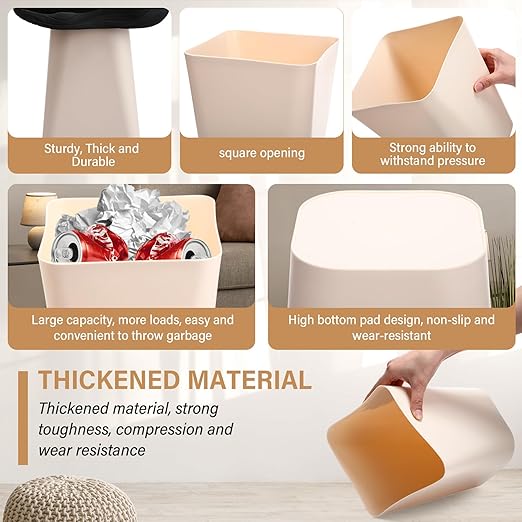 Hoolerry 9 Pieces Garbage Can 2 Gallon Small Trash Cans Bulk Bathroom Trash Bin Plastic Wastebasket Square for Bedroom Slim Bathroom Trashcan Small Container for Kitchen Office Home (Khaki)