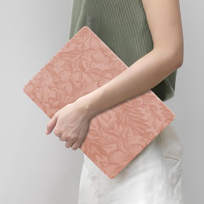 DTangLsm Compatible for MacBook Air 13 inch Case 2021 2020-2018 M1 A2337 A2179 A1932, Elegant Texture Leather Plastic Hard Shell Cover for MacBook Air 13.3 M1 Case+Keyboard Cover, Pink Embossed Floral