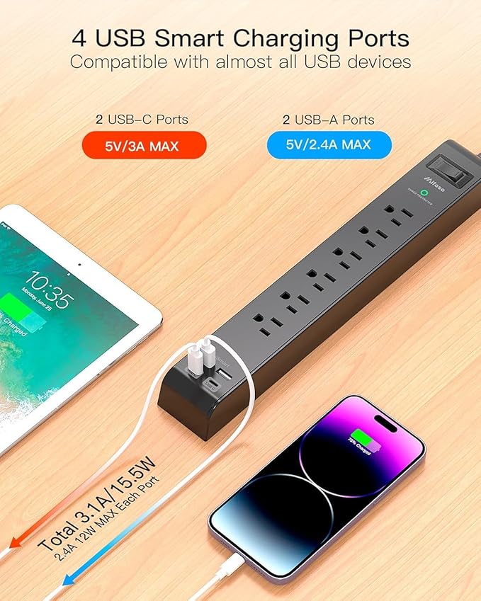 Flat Plug Extension Cord 25FT, Surge Protector Power Strip with 2 USB A Ports 2 USB-C 6 AC Outlets, USB Charging Station, Wall Mountable for Home, Office, Dorm Essentials, 1080J, ETL Listed, Black