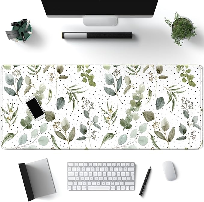 Green Mouse Pad Boho Desk Mat,Speckled Textured Greens Cool Aesthetical Mouse Pad Desk Accessories for Women Office Decor Mousepad Keyboard Pad, Non-Slip Rubber Base with Stitched Edges 31.5x11.8In