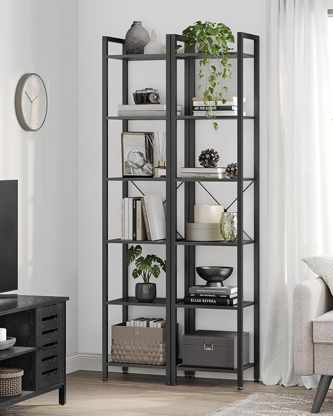 VASAGLE 6-Tier Bookshelf, Bookcase with Steel Frame, Book Shelf for Living Room, Home Office, Study, 11.8 x 15.7 x 73.2 Inches, Industrial Style, Ebony Black and Ink Black ULLS101B56