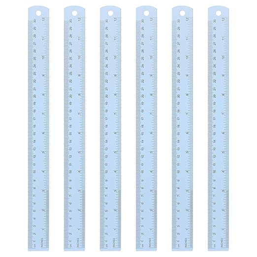 HARFINGTON 6pcs Metal Straight Ruler 30cm Metric SAE Aluminum Alloy Measuring Rulers Scale Tool with Hole for Measure Study Reading Classroom Office, Light Blue