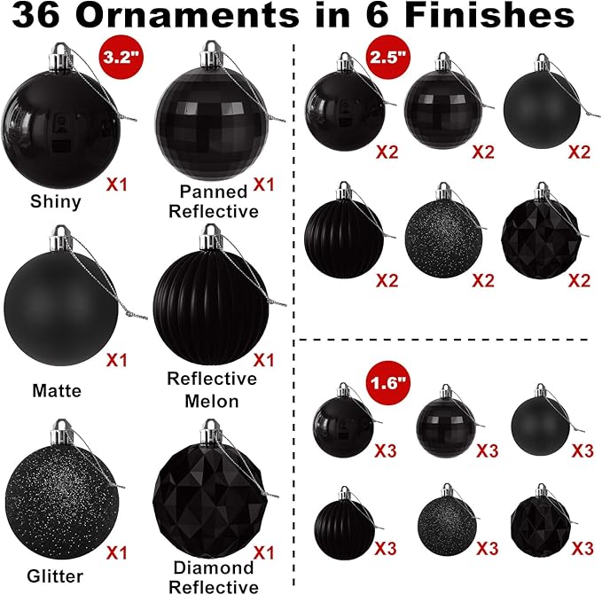 Black Christmas Ornaments - Christmas Tree Decorations Shatterproof Hanging Balls for Birthday Wedding Holiday Decor Set of 36pcs, Multi-Sizes(1.6",2.5",3.2")