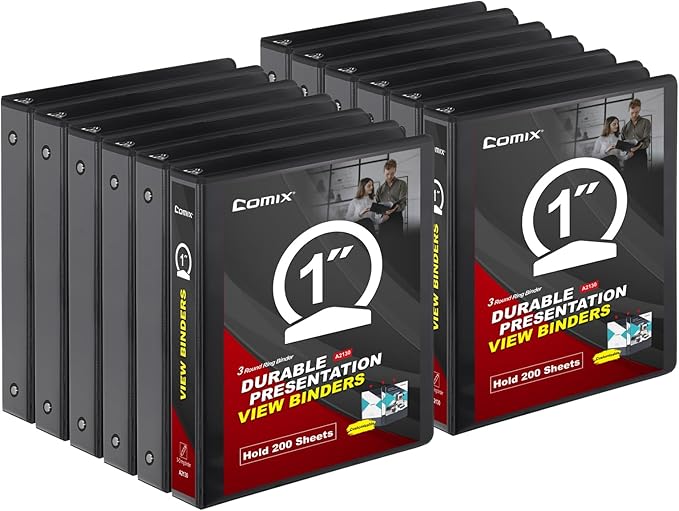 COMIX Sturdy 3 Ring Binder 1 inch with Clear View Cover, 1" Round Ring View Binder, PVC-Free, 200 Sheets Capacity of US Letter Size Paper, Office ＆ School Supplies, Pack of 12 (Black)