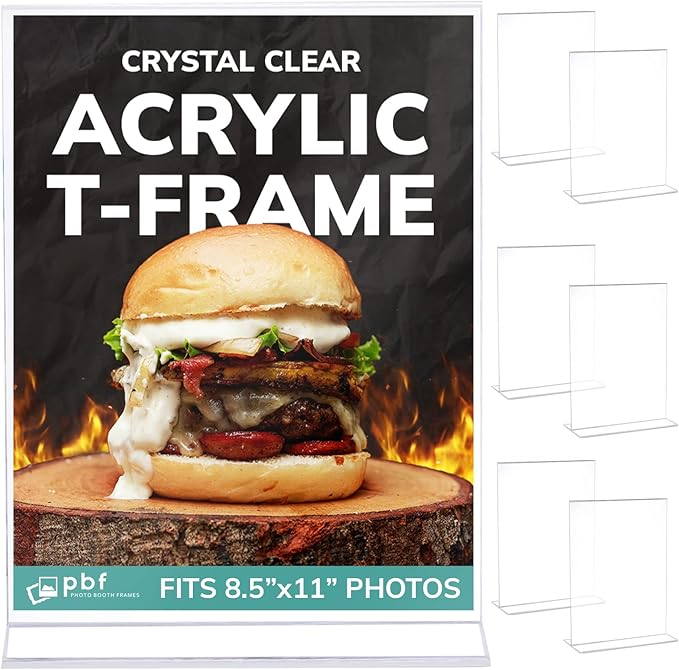 pbf 8.5x11 Acrylic Picture Frame Display Stand | 8.5 x 11 Vertical Clear Acrylic Sign Holder | T-Style Photo Frame for Table Sign, Tabletop Wedding Sign, Menu, QR Code (6-Pack)