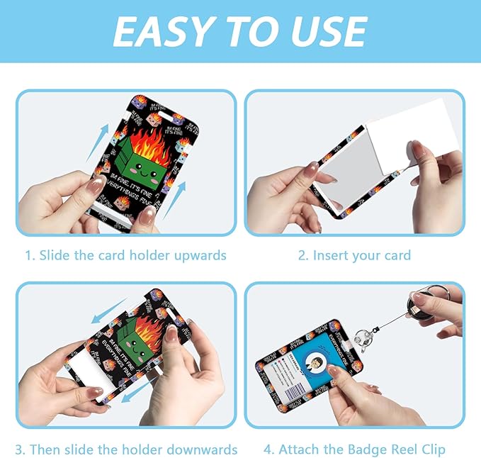 Dumpster on Fire Badge Reels Retractable Heavy Duty, Funny ID Badge Holder with Detachable Lanyard, 360° Swivel Carabiner Belt Clip, I'm Fine It`s Fine Everything is Fine