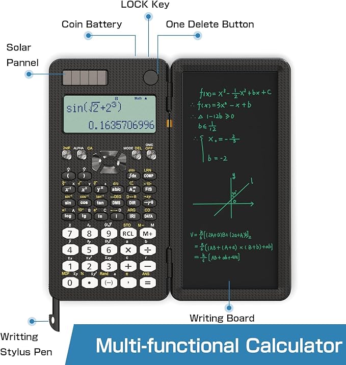 Scientific Calculator for Students with Notepad, ROATEE Middle and High School Supplies for Students, 82 MS Foldable 2-Line Display Science Calculator with Writing Tablet, Solar and Battery Powered