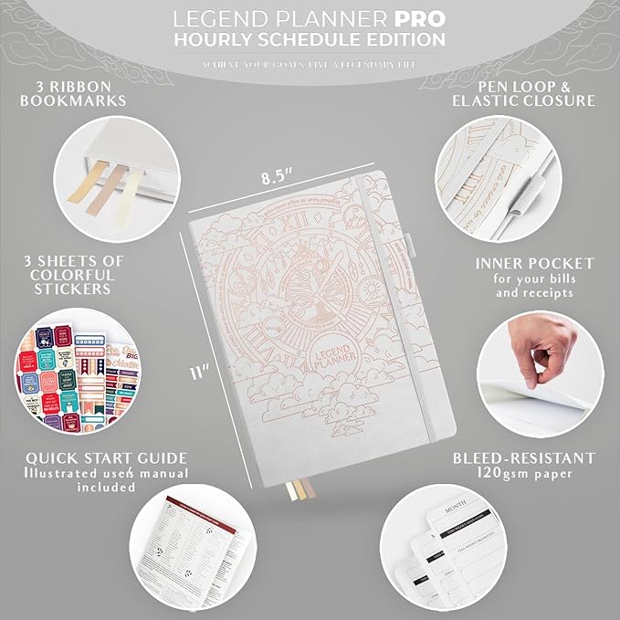 Legend Planner PRO Hourly Schedule - Weekly & Daily Organizer with Time Slots. Appointment Book Journal for Work & Personal, A4 (White Gold)