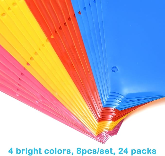 Plastic 8-Tab Dividers with Two Pockets - 3 Sets, Pocket Dividers for 3-Ring Binders, Multi-Color Binder Dividers, Total 24 Tabs