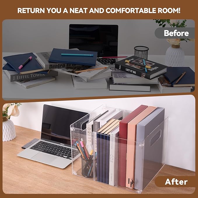 DF 3-Section Acrylic File Organizer with Handles – Clear File box for Documents, Books & Office Supplies – Desktop Hanging File Organizer - Compact and Durable Design for Home or Office Use