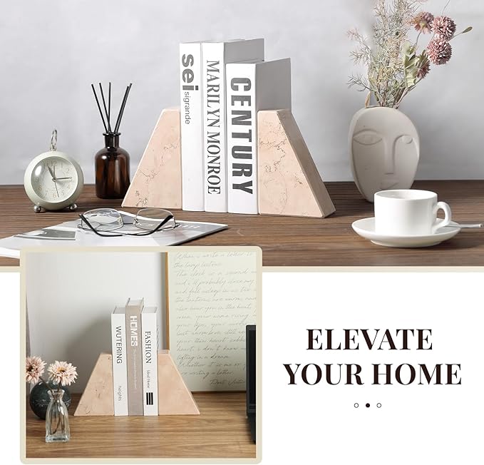 Koville Natural Stone Bookends for Shelves, Granite Book Ends for Heavy Books, Non-Slip Heavy Duty Book Stopper for CD/Movies, Decorative Bookend for Bookshelf Table Home Decor(Pink)