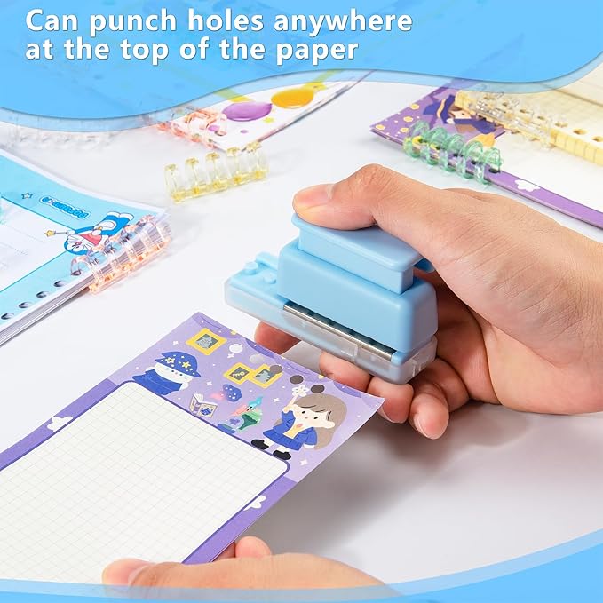 Mini 5-Hole Binding Machine - IMLIKE 5 Holes Binding Machine with 16 Loose-Leaf Binding Strips - Easy to Add or Remove Papers, 4 Sheets Capacity (A4/30 Holes, B5/26 Holes, A5/20 Holes) - Blue