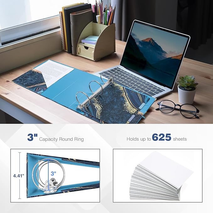 Ospelelf 3 Ring Binder for Letter Size Paper with 5 Tab Dividers, 3 Inch Ring, 4.4 Inch Spine, Blue Large Binder with Clip for School and Office Supplies