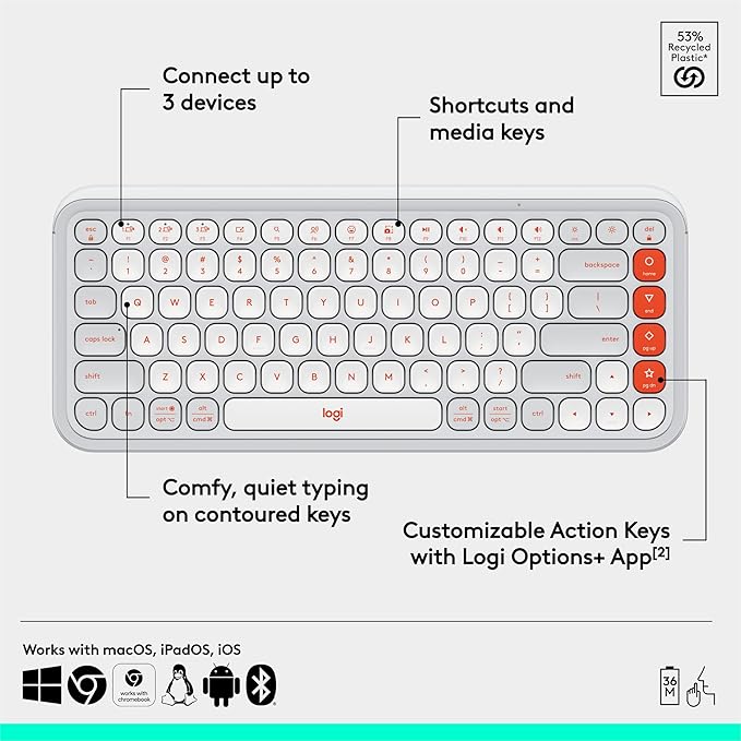 Logitech POP ICON Keys Wireless Bluetooth Keyboard, Comfortable Typing, Programmable Keys, Easy-Switch Between up to 3 Devices, for Laptop, Tablet, PC – Off White and Orange