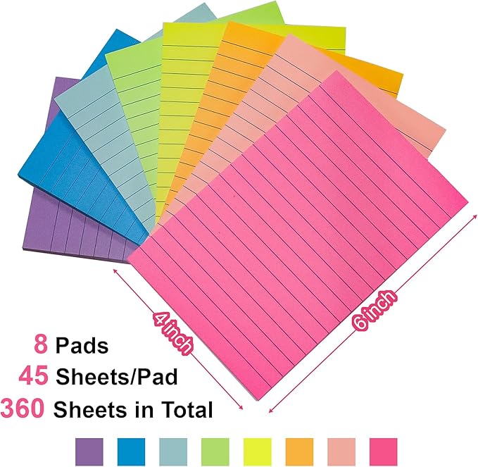 8 Pads Lined Sticky Notes 4x6 inch Self-Stick Notes Bright Colors Sticky Note for Office Home School