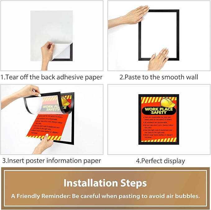 8.5"x11" Magnetic Sign Holder, Double Sided Window Self-Adhesive Frame, Transparent PVC and Strong Magnetic Display Frame for Home/Office/Poster/Certificate/Child Artwork Display (Black,6Pack)