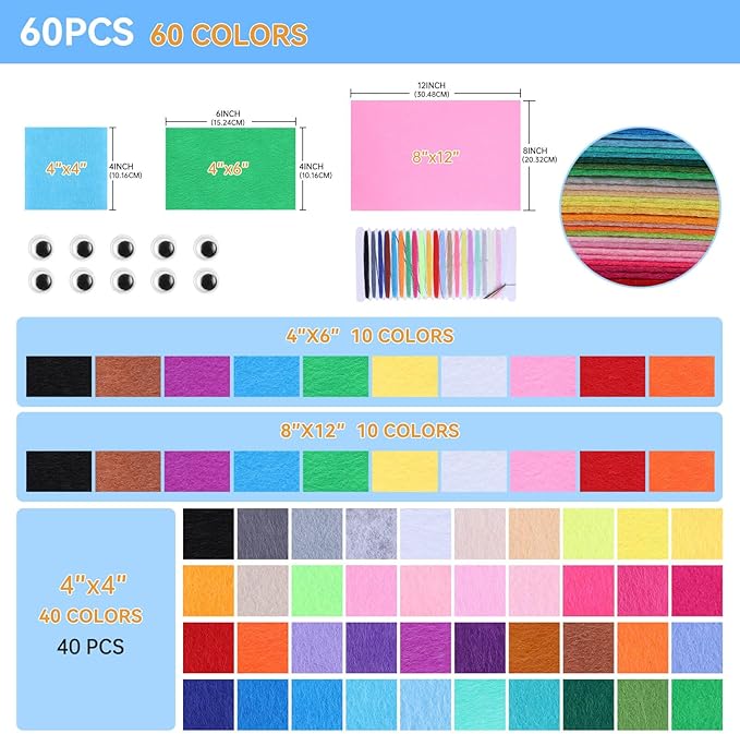 ABEJFIC 60PCS Felt Fabric Sheets Craft Kit - 4"x 4" + 4"x 6"+ 8"x 12" Assorted Colors - 1mm Thick Square Nonwoven Felt Fabric for Kids, DIY Sewing Crafts, Patchwork, School Projects, Decoration