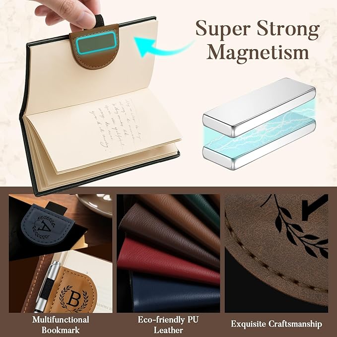 Personalized Bygone Mark Bookmark with Pen Holder,Engraving Leather Magnetic Bookmarks Vintage 26 Letters Name Initials Text Book Marker Clips Gifts for Reading Book Lovers Women (Blue, V)