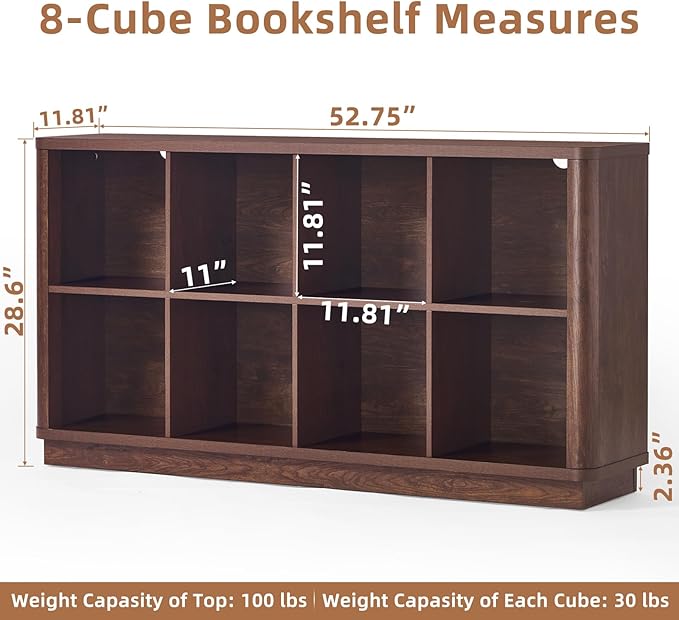 8 Cube Bookcase, 52" Long Horizontal Book Shelf w/Curved Edge, Floor Standing 2-Tier Cubby TV Stand Bookshelf with Wooden Base, Farmhouse Low Storage Cabinet for Living Room, Office, Walnut