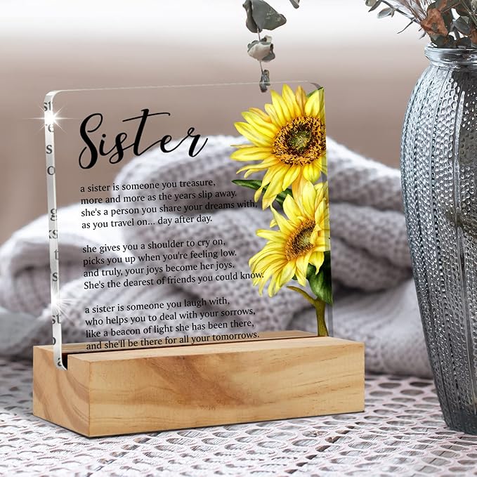 Bifez Sister Acrylic Sign, Flower Style Square Desk Decor with Wood Stand 4x4 inches Home Office Decor Gift
