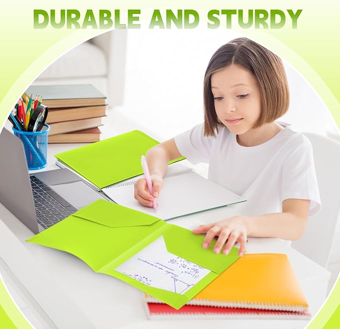 Henoyso 36 Pcs Plastic Folders with Clear Front Pockets Heavy Duty File Folders with 2 Pockets and Card Slot for Student Communication School Office Presentation Report (Fluorescent Green)