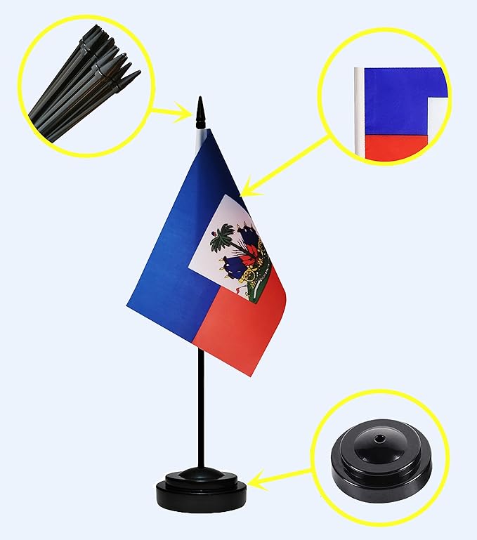 Haiti Flags Haitian Desk Flags Set Small Mini Haiti Flags Table Flag with 13" Black Pole, Black Base and Spear Top, Miniature Haitian Deluxe Desktop Flag, Home Decoration, Office Decoration, Festival