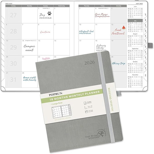 POPRUN Monthly Planner 2025-2026 (Large- 8.5" x 10.5" Soft Cover), 18-Month Calendar Book (Jul.2025-Dec.2026), Calendar Planner with Monthly Tabs & Pocket, 100 GSM Paper - Grey