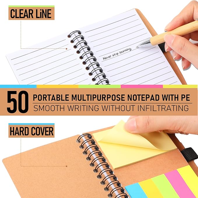 Yeaqee 50 Set Inspirational Spiral Notebook Bulk with Motivational Bamboo Ballpoint Pens Sticky Notepad Employee Appreciation Gifts for Teacher Staff Team Nurse Housekeeping Week Medical Assistant