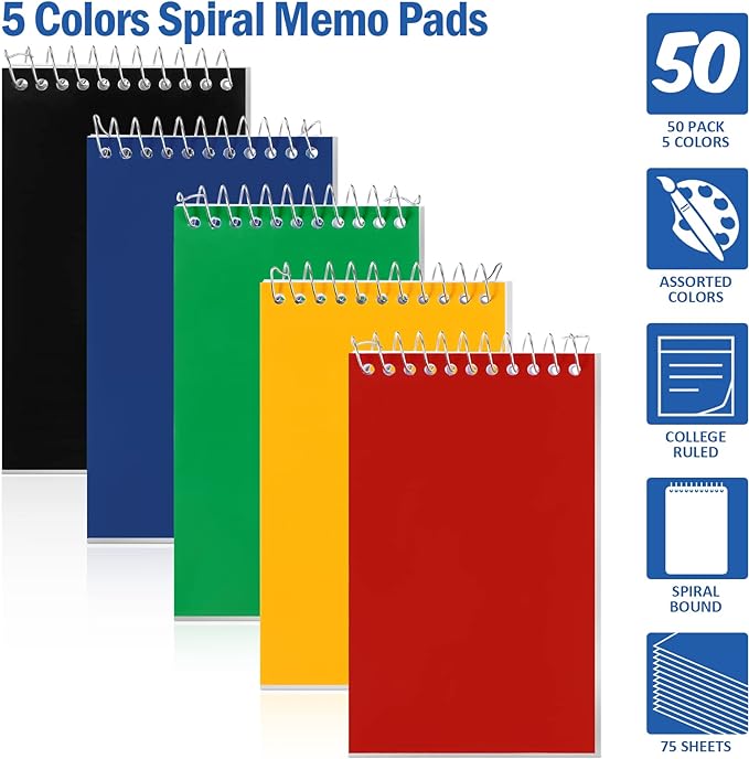 150 Pieces Spiral Memo Pads Bulk 3 x 5 Inch Small Note Pads Top Bound Lined College Ruled Paper Mini Notepad Pocket Spiral Notebooks for School Office Home Supplies, 75 Sheets (Bright Colors)