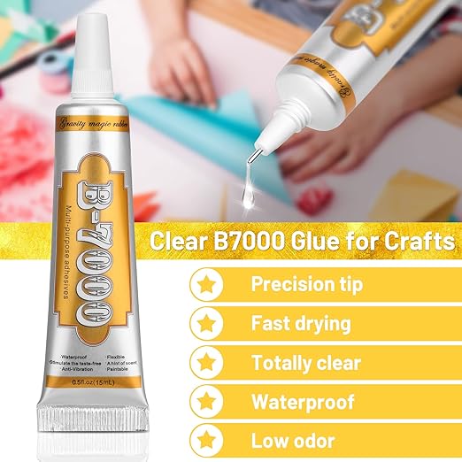 B7000 Jewelry Metal Glue with Precision Tips, Upgrade Clear B-7000 Glues Paste Transparent Liquid Fusion Fabric Glue for Phone Repair, Glass, Wooden, Rhinestone Jewelry Crafts, DIY Tumblers (4 x15ML)