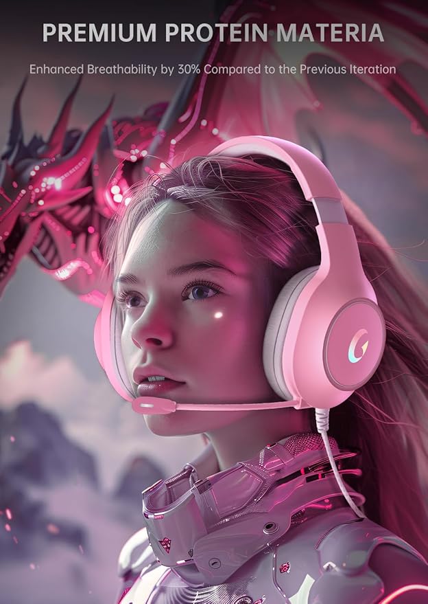 CM7002 Gaming Headset for PS5, PS4, PC, Mac, Switch, Xbox Series, Surround Sound RGB Gaming Headphones with Noise Canceling Microphone, 50MM Dynamic Drivers, 3.5MM Audio Jack, Light Pink