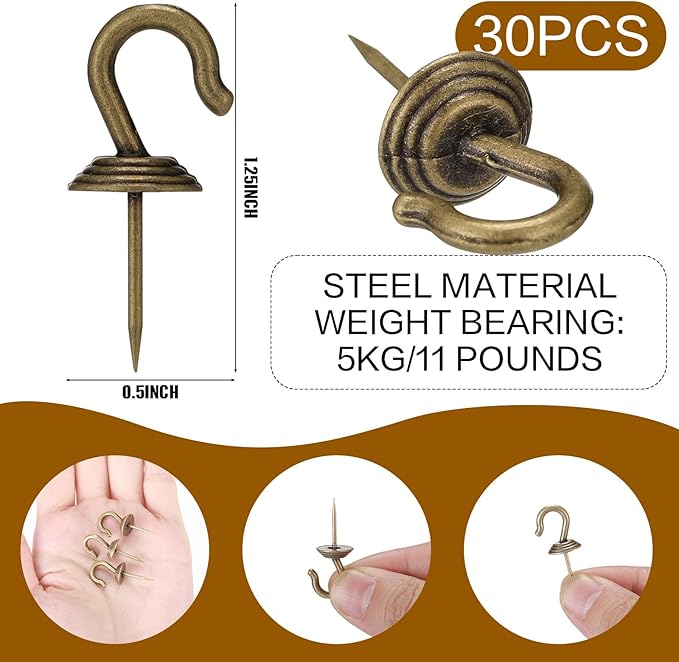 Hotop 30 Pieces Push Pin Wall Hooks Metal Thumb Tack Hangers Iron Alloy Nail Decorative Picture Hooks for 20 Lbs Home Office School Party Supply (Bronze)