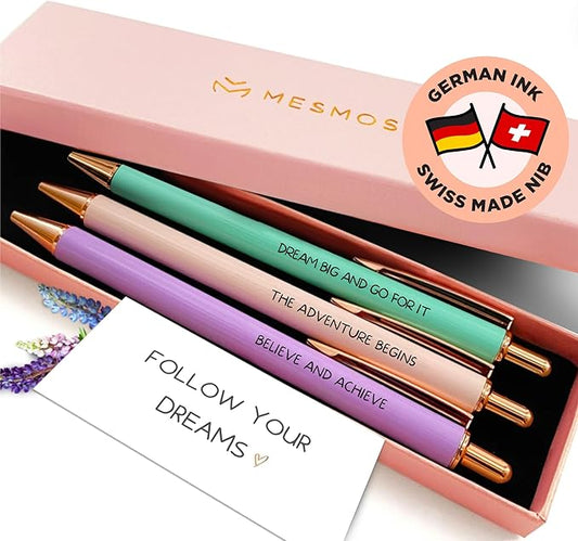MESMOS 3pk Fancy Pen Set, Graduation Gift for Her, College Graduation Gifts for Women Class of 2025, German-made Ink & Swiss-Made Nib, Metal Ballpoint Pen