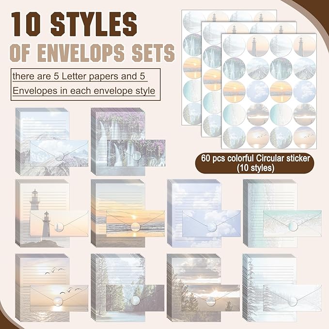 TaoBary 160 Pcs Stationery Paper Set 50 Double Sided Stationery Papers with 50 Matching Envelopes and 60 Round Dot Sticker, 10 Design(Natural Scenery,8.5 x 11 Inch)