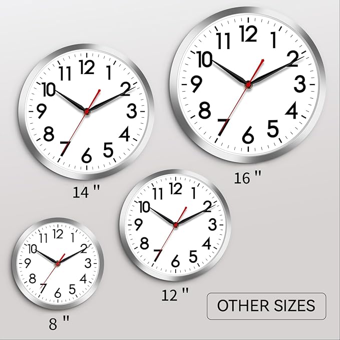 AKCISOT Wall Clock 10 Inch Silent Wall Clocks Battery Operated Non Ticking - Modern Silver Clock Decorative for Kitchen, Bathroom, Bedroom, Living Room, Office, Home(Silver)